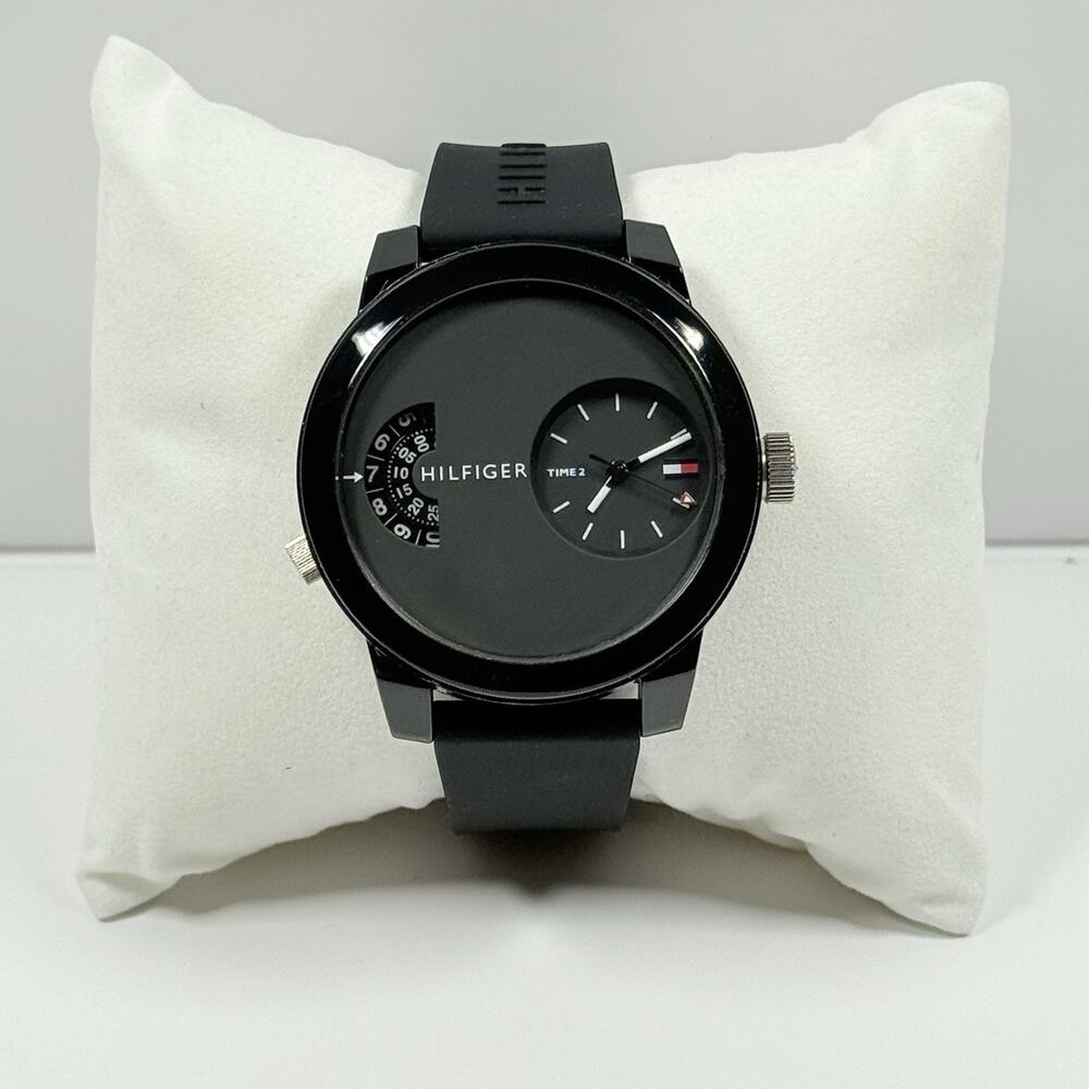 Tommy Hilfiger Denim Silicone Strap Black Dial Dual Time Men’s Watch 1791555